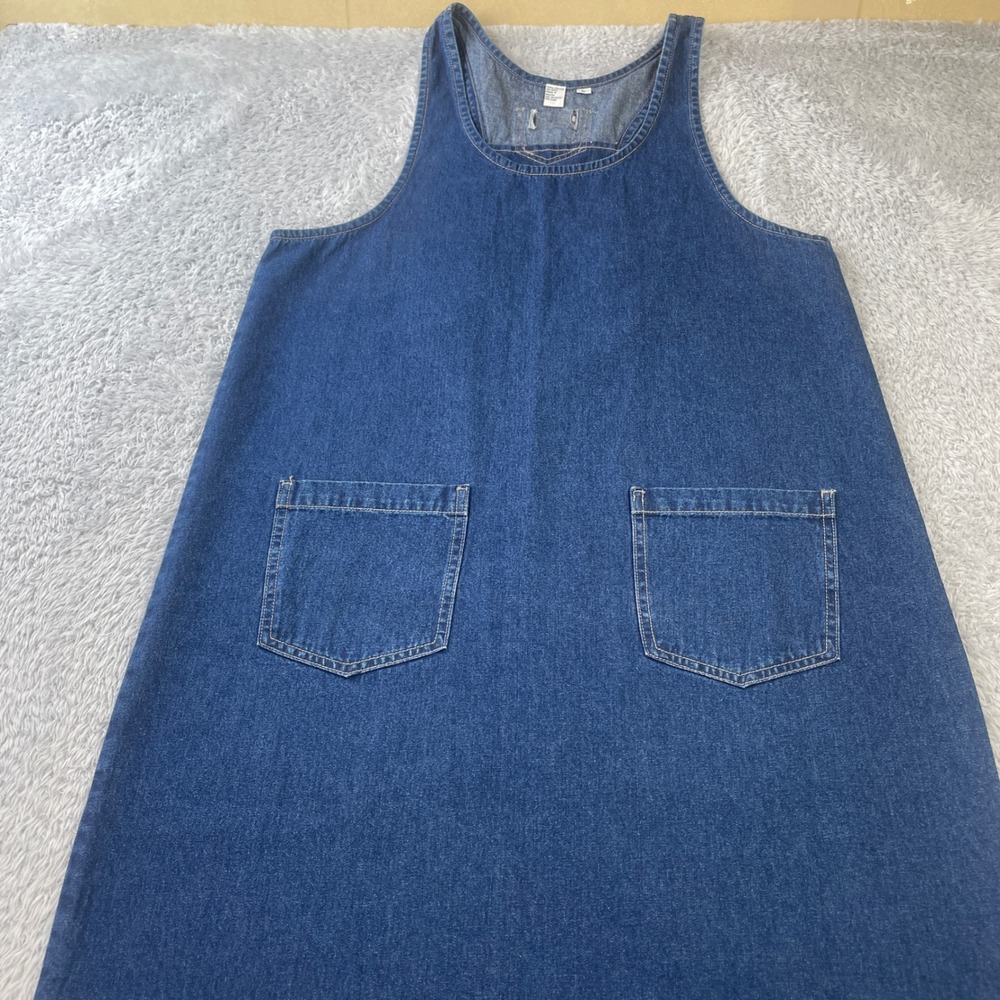 Vintage Paul Harris Denim Jumper Dress Womens L Blue Maxi Pinafore Side Slits‎